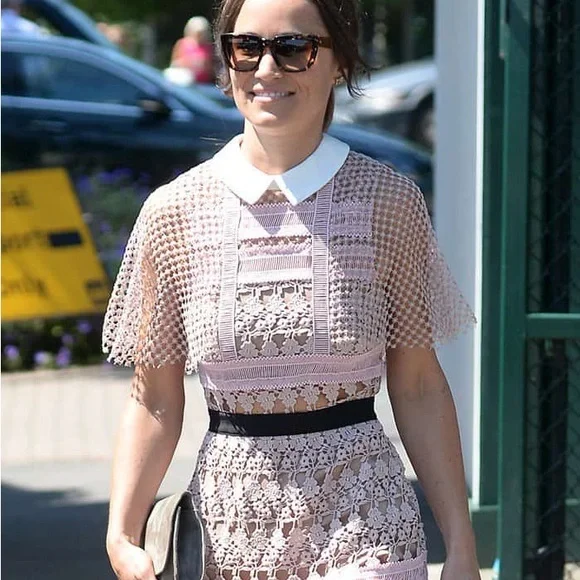 Self-Portrait Blush Pink Crochet Mini Dress (above the knee)with Contrast Collar - Picture 3 of 10